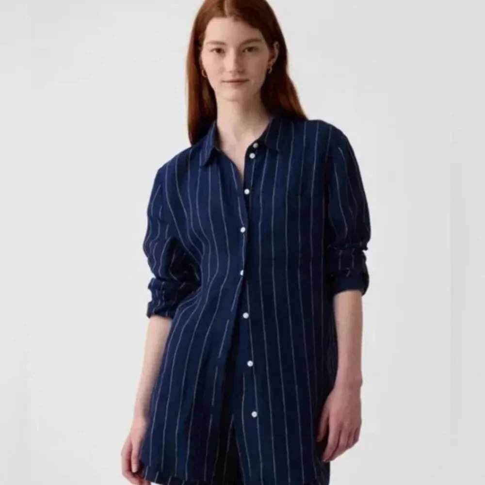 Gap 100% Linen Boyfriend Shirt Women XXL Blue Pinstripe Long Sleeve Button Up